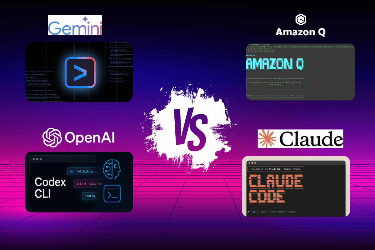 Comparativa de asistentes de IA para la terminal de comandos con los logos de Claude, Gemini, Amazon Q y Codex