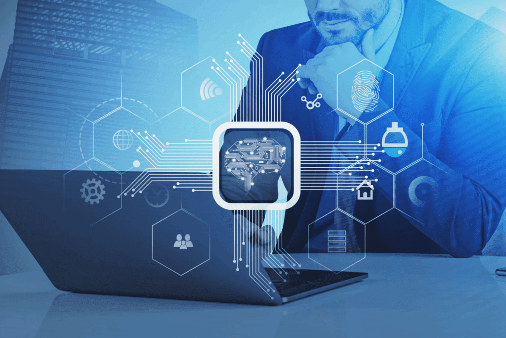 Ingeniero de datos diseñando un modelo de machine learning en una interfaz digital interactiva.