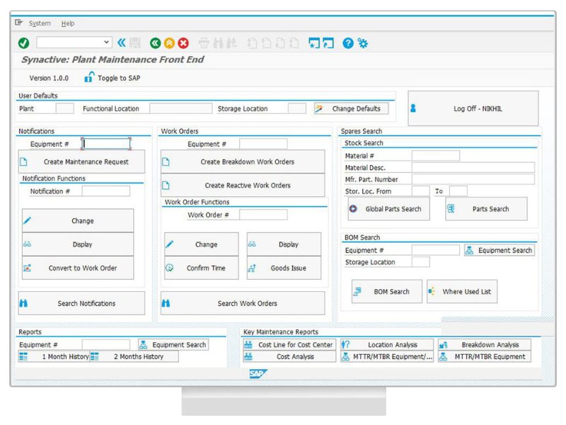 Interfaz de SAP PM mostrando módulos de notificaciones, órdenes de trabajo y búsqueda de repuestos en un CMMS.