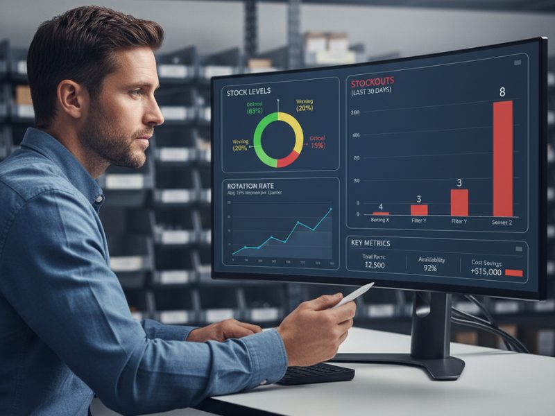 Analista revisa dashboard de inventario de repuestos con niveles de stock, rotación y rupturas para optimización sin perder disponibilidad.